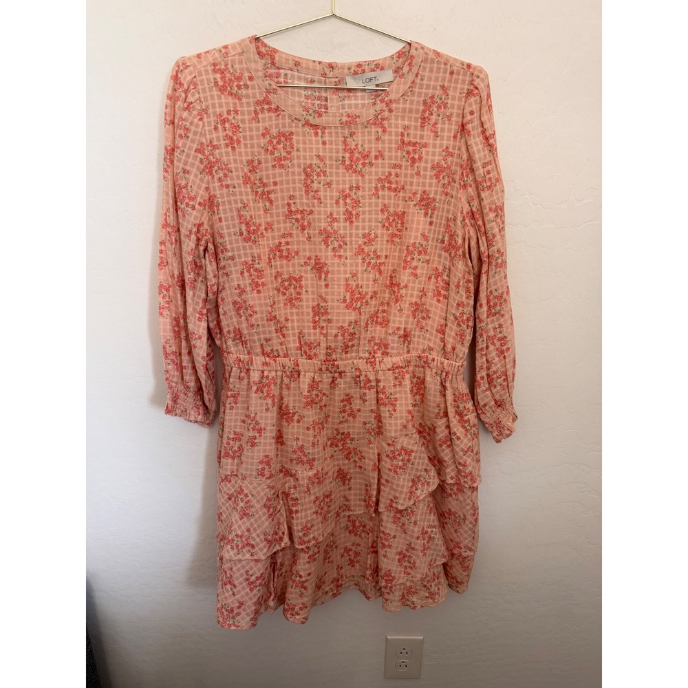LOFT Womens Peach Floral Cotton Ruffle Mini Romantic Boho Dress Long Sleeve XL